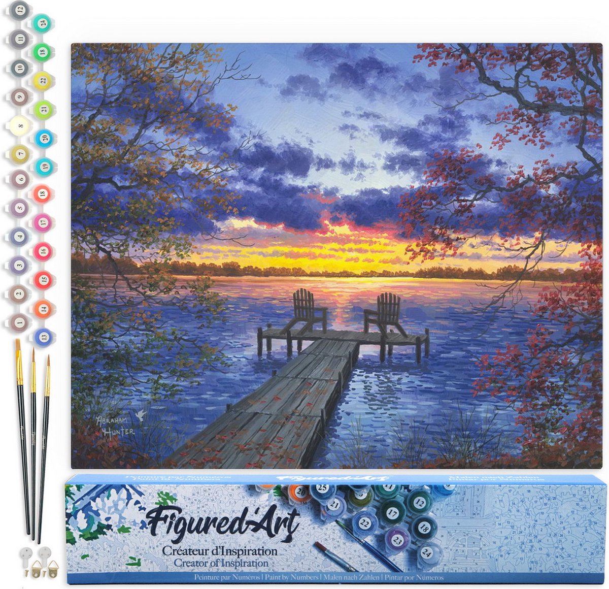 FiguredArt Schilderen op Nummer Volwassenen canvas Ponton bij zonsondergang - Handwerk acrylverf Kit DIY Compleet - 40x50cm zonder frame